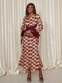 Eryvara 女士优雅时尚简约百搭通勤修身菱形格子撞色袖口蝴蝶结两件套，秋冬 - 彩色 - 查看 4