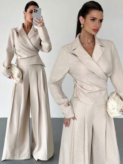 Firerie Women's Casual And Elegant Waist Wide-Leg Pants And Long-Sleeved Suit Jacket, Beige Imitation Linen Texture Fabric/Pleated Wide-Leg Pants/Suitable For Commuting/Cozy Fall And Winter Clothes For Women/Women's Autumn Winter Pants/New Year/Old Money Style Outfit/Relaxed Outfit