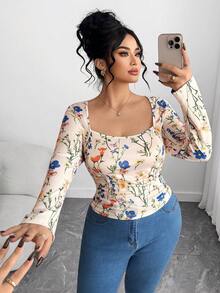 Elenzga Blusa de manga larga con cuello en U, estampado floral y fruncido, para mujer talla grande. Adecuada para el día a día, fiestas y transporte, otoño/invierno - Multicolor - Ver 4