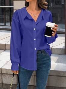 EMERY ROSE Women's Solid Color Minimalist Long Sleeve Shirt, Casual Everyday Wear - Royal Blue - View 6
