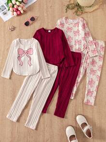 Elladie kids Bộ 3 món cho bé gái, gồm áo dài tay cổ tròn, vạt cong, họa tiết sọc kẻ, quần và nơ in hình hoa hồng đỏ trơn, kiểu dáng thời trang thường ngày. - Màu Đỏ Sâu - Xem 3