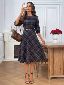 EMERY ROSE 女式格子简约休闲短袖中长连衣裙 - 彩色 - 查看 4