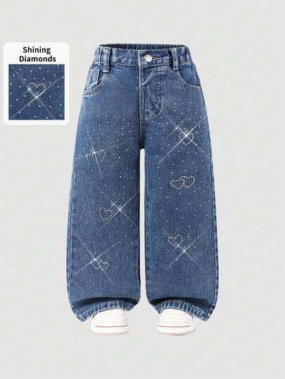 SHEIN Explorewe Pantalones vaqueros anchos rosas de denim cómodos y sueltos con corazón de strass, estilo retro y elegante para niñas