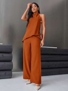 Aveloria Modichic Women's Solid Color Backless Halter Top And Wide Leg Pants Two Pieces Set Elegant Business Casual Women  - Champagne - View 5