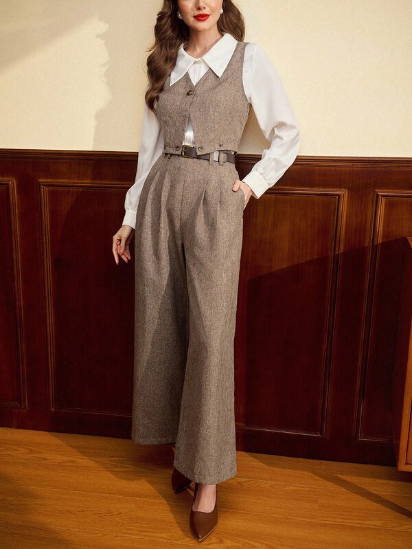 Vintamour Conjunto de 2 piezas de mujer talla grande, elegante y vintage, con bolsillos y cinturón - Chaqueta tipo chaleco elegante vintage y pantalones, ropa casual de trabajo y vacaciones, ropa de invierno para mujer, ropa de Navidad para mujer, ropa de Año Nuevo para mujer, conjunto elegante de mujer para Acción de Gracias