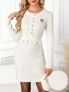 Ellevyn 女士优雅通勤蝴蝶结刺绣修身针织连衣裙