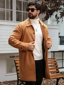 Manfinity Homme Men's Solid Color Pocket Long Sleeve Coat Jacket Men Coat Men Outerwear Fall Clothes For Men Camel Coat Men Men Overcoat - Orange - View 3
