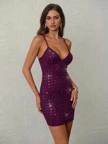 Aloruh Đầm dự tiệc bodycon khoét sâu gợi cảm dành cho nữ đính đá lấp lánh, thích hợp cho các buổi tiệc, hẹn hò, mùa thu/đông - Màu đỏ tím - Xem 6