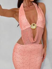 Aloruh 女士度假风深V领海星纯色纹理露背高开衩连衣裙，粉色 - 粉色 - 查看 6