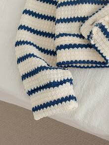 Genkimix Kids 2 件套幼儿女童秋季新款服装，条纹毛绒针织黑白超大开衫夹克，休闲直筒蓝色牛仔裤，时尚简约儿童套装 - 彩色 - 查看 7