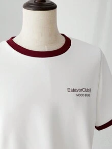 ESTAVOR 男士休闲撞色字母印花短袖 T 恤，夏季 - 白色 - 查看 7