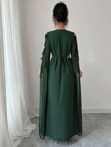 Rafferiza Áo choàng Abaya chắp vá tay dài cho nữ, váy Kaftan viền ren màu trơn - màu xanh lá - Xem 2