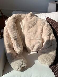 Comfortcana 女式纯色长袖人造毛皮短款面包夹克，冬季外套 - 杏色 - 查看 4