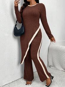 SHEIN Frenchy 女士加大码不对称下摆优雅针织两件套 - 彩色 - 查看 3