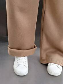 Juhart Quần nỉ ấm áp cạp chun co giãn màu trơn cỡ lớn cho nữ - màu nâu - Xem 4