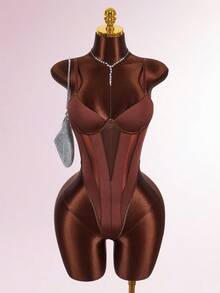 Y2K Amplova 女士纯色极简休闲连体衣，秋冬感恩节和新年派对礼服棕色连体衣棕色连体衣女士连体衣棕色泳衣性感连体衣 - 棕色 - 查看 3