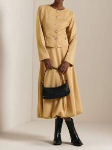 Vesra Damen Kamelfarben Mode Jacke und A-Linien Rock Set, Herbst/Winter - Kamelfarben - Übersicht 5