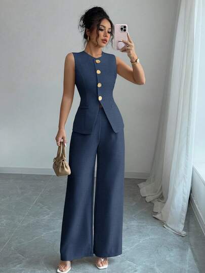 Selianne Traje casual/de oficina elegante de mujer con decoración de botones con estampado floral