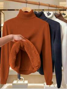 SHEIN LUNE Áo len chui đầu cổ lọ tay dài lót nhiệt màu trơn cỡ lớn dành cho nữ, mùa đông - Lạc đà - Xem 2