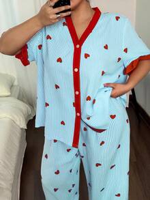 Eraneu Striped Heart Print Contrast Color Open Front Plus Size Short Sleeve Pajama Set - Multicolor - View 4