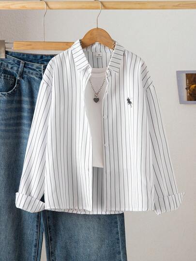 Sparklyn 少女简约刺绣线条印花长袖衬衫