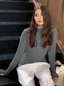 Dazy Kids Camiseta de punto de cuello alto de unicolor de manga larga, casual y versátil para adolescentes