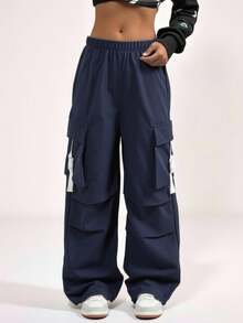 SHEIN Tween Girls' Solid Color Elastic Waist Casual Cargo Pants - Navy Blue - View 3
