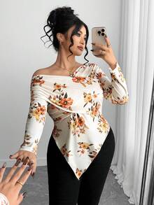 SHEIN Elenzya Women's Fashionable Elegant Off-Shoulder Fitted Asymmetrical Hem T-Shirt