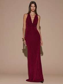 SHEIN BAE 酒红色深 V 领露背系带长款优雅连衣裙，适合鸡尾酒会、浪漫约会、秋冬分层穿着、派对、婚礼、万圣节、圣诞节 - 酒紅色 - 查看 2