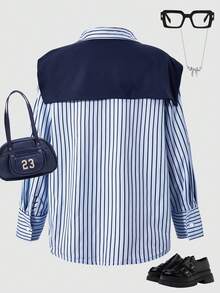 Tween Girls' Casual Striped Loose Button-Up Long Sleeve Shirt With Shawl Collar, Versatile For Back To School - Blue - View 2