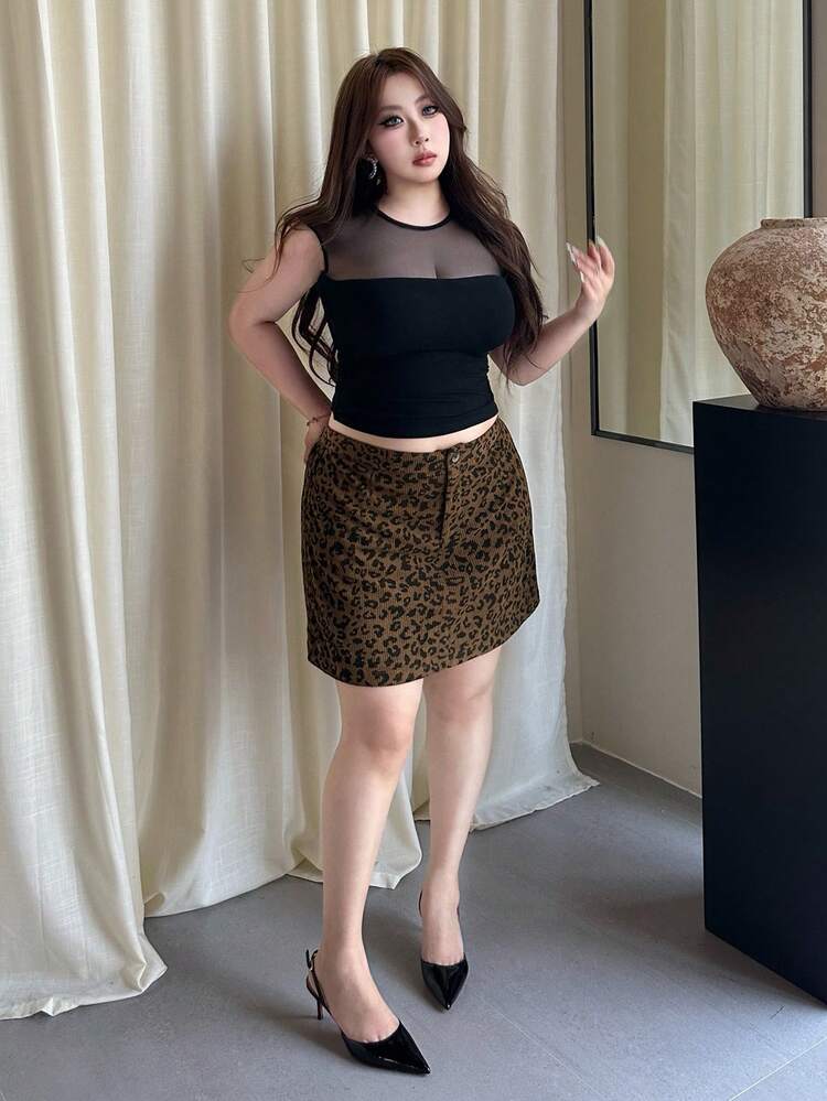 Dazy Plus Leopard Print Mini A-Line Skirt With Elastic Waist, Corduroy Fabric, Autumn/Winter