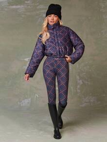 Athîral 女士菱形图案拉链高领长袖夹棉大衣 - 藏蓝色 - 查看 5