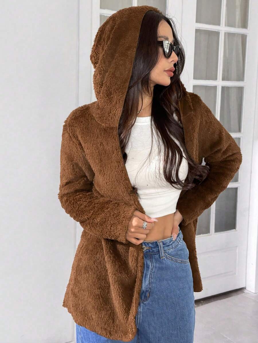 SHEIN EZwear 秋冬休闲慕斯棕色双面宽松连帽衫 - 摩卡棕 - 查看 1
