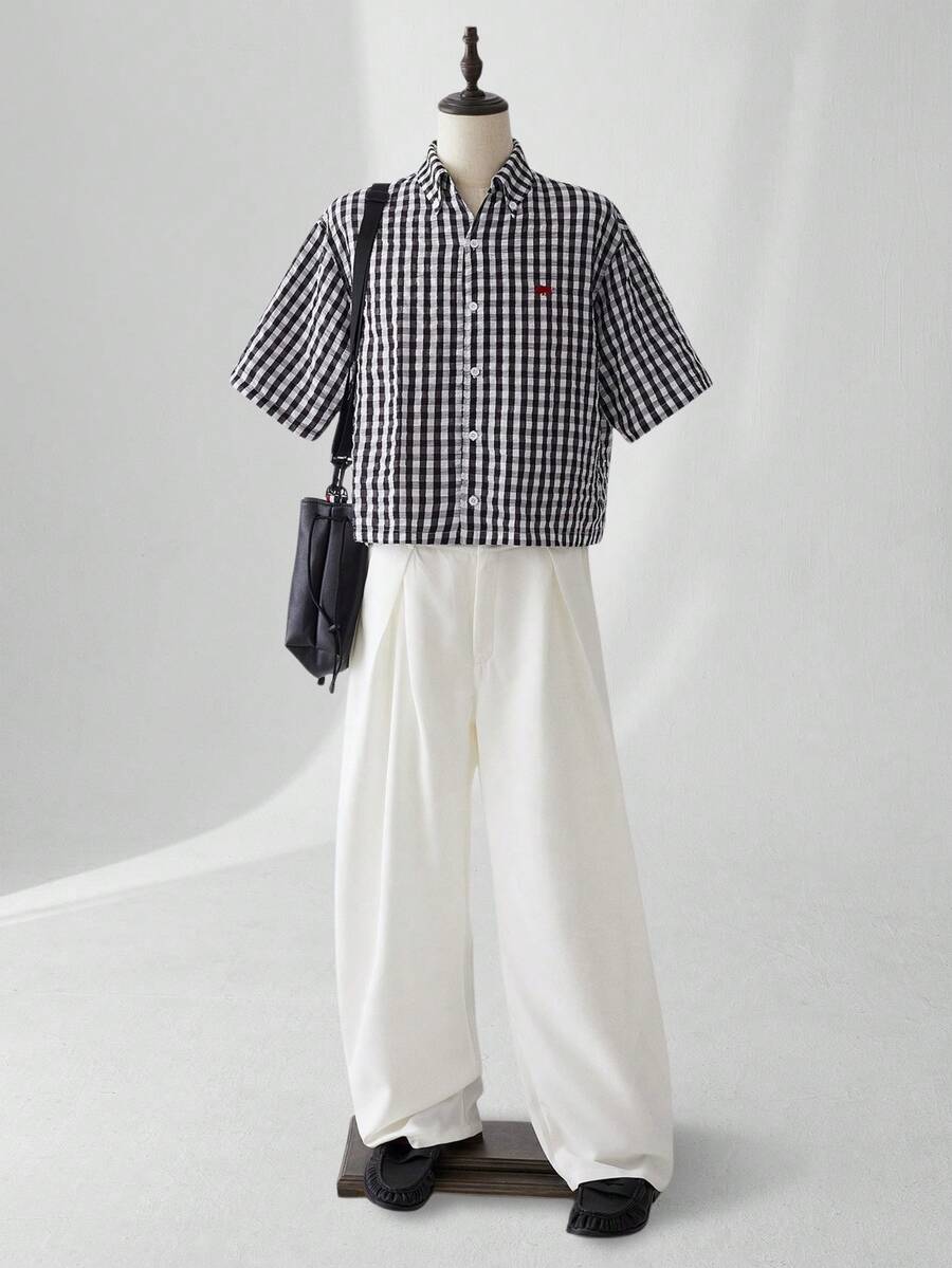 ESTAVOR Áo sơ mi nam ca rô đen trắng thời trang tay ngắn dáng rộng thêu họa tiết thường ngày - Đen và trắng - Xem 1