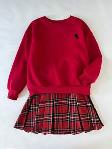 SHEIN 女童服装纯红色圆领刺绣运动衫搭配格子百褶裙女童两件套，红色格子裙套装，圣诞裙套装 - 紅色 - 查看 3