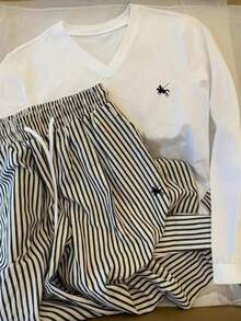 INAWLY 2pcs/Set Women Casual Slim Fit V-Neck Long Sleeve Striped T-Shirt And Straight Leg Drawstring Pants - White - View 1