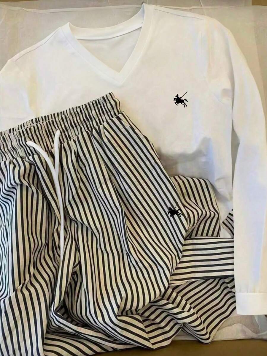 INAWLY 2pcs/Set Women Casual Slim Fit V-Neck Long Sleeve Striped T-Shirt And Straight Leg Drawstring Pants - White - View 1