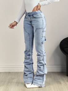 SHEIN Tall Tall Waist Flare Leg Washed Denim Jeans - Light Wash - View 3
