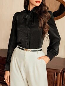 Vintamour 复古优雅女士衬衫，荷叶边领口、蝴蝶结袖口和褶皱细节设计，长袖休闲工作衬衫，适合秋季、返校季和冬季穿着。 - 黑色 - 查看 6