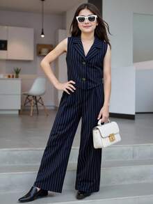 Sparklyn Tween 女孩优雅都市通勤蓝白条纹西装背心和裤子两件套，优雅适合婚礼、婚礼宾客