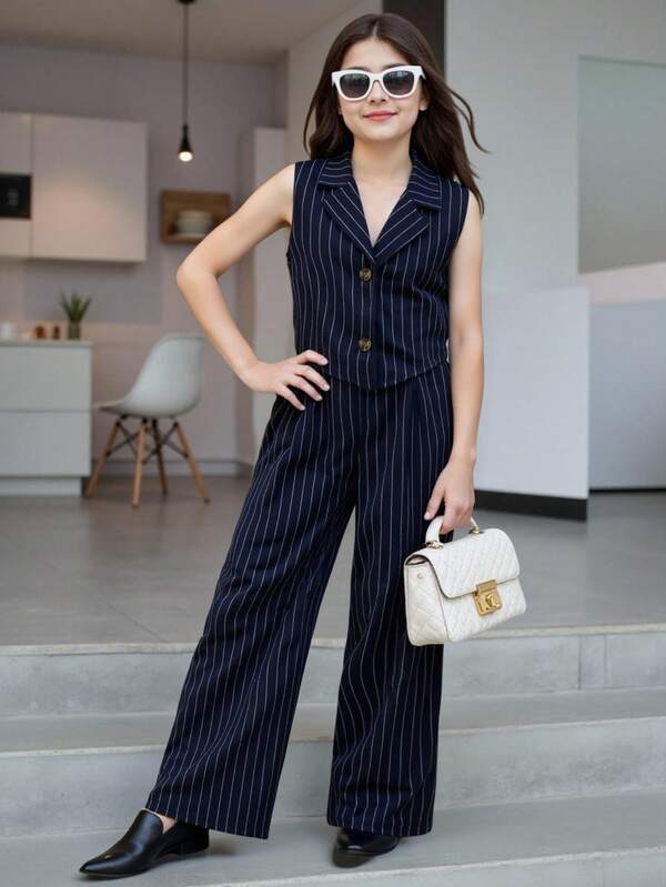 Sparklyn Tween 女孩优雅都市通勤蓝白条纹西装背心和裤子两件套，优雅适合婚礼、婚礼宾客