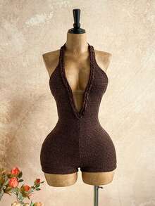 Soleia 女式休闲连体裤，露背蝴蝶结设计，适合返校、海滩、婚礼嘉宾、毕业典礼、早午餐、圣帕特里克节、春假、复活节、音乐节、优雅波西米亚风、热带风情、手工麻花针织，秋冬 - 咖啡棕 - 查看 4