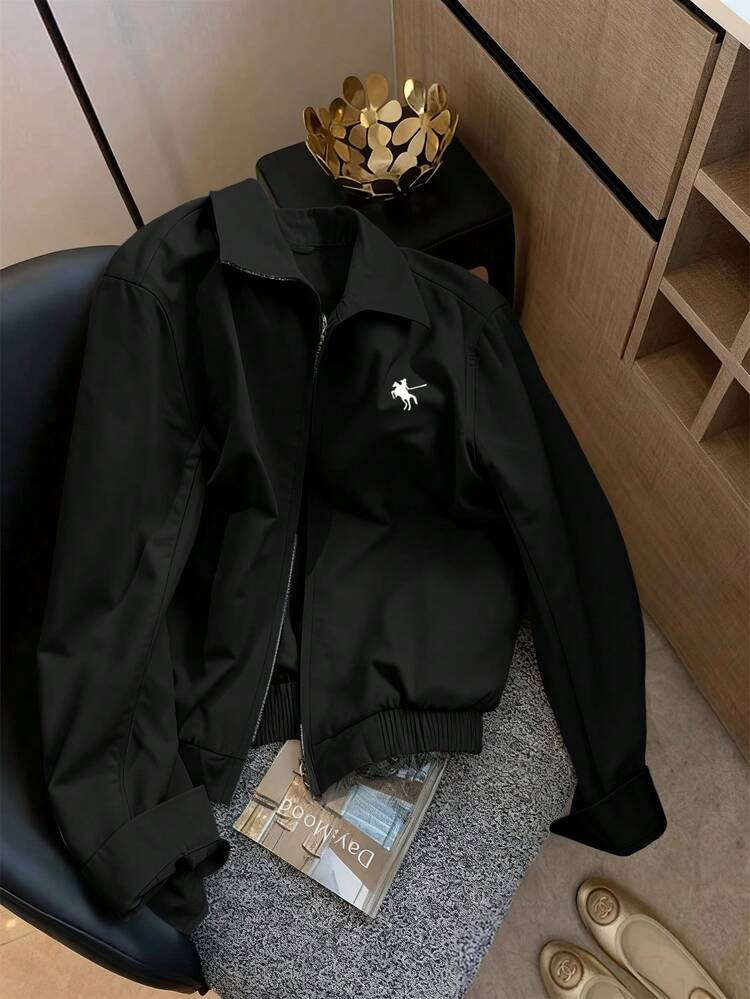 Airaco 休闲宽松拉链撞色图案印花长袖夹克 - 黑色 - 查看 4