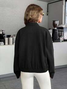 EURMUSE Women's Cropped Bomber Jacket With Elastic Hem And Minimalist Design, Stylish And Versatile Outerwea - Black - View 2