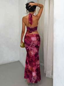 Glamine 女士两件套夏季度假套装，露背系带短款上衣搭配不对称荷叶边半裙，珊瑚色、粉色、海洋元素、随机印花，秋季女装返校季兰花连衣裙露背连衣裙酒红色连衣裙 - 玫紅色 - 查看 2