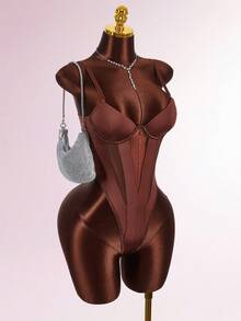 Y2K Amplova 女士纯色极简休闲连体衣，秋冬感恩节和新年派对礼服棕色连体衣棕色连体衣女士连体衣棕色泳衣性感连体衣 - 棕色 - 查看 6