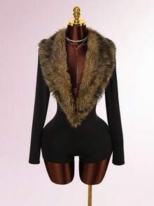 Amplova 毛领拼接深V领长袖紧身连体裤