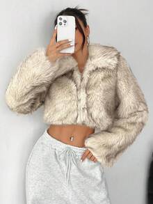 SHEIN PETITE Chaqueta de mujer de piel sintética degradada, estilo corto, cálida y adecuada para otoño e invierno - Albaricoque - Ver 4