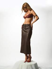 KIZN Falda lápiz de piel sintética de talle alto, falda columna de piel sintética de largo midi, moda de otoño e invierno - Marrón Chocolate - Ver 3
