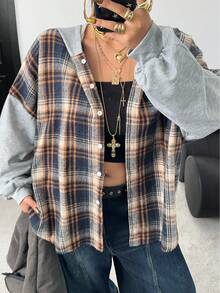 POPSWAY Felpa con cappuccio oversize in stile patchwork a quadri, manica lunga, autunnale - Multicolore - Visualizzare 5